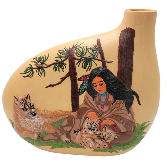 Native American Vase Art Deco Clay Painted Cats Cougar Animal Vase - Picture 1 of 6